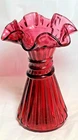 Vintage MCM Fenton Art Glass Cranberry Wheat Vase Ruffle Edge 7 1/4"