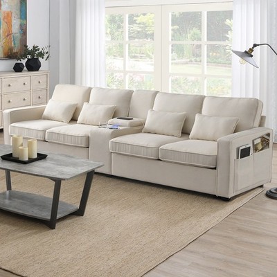 114'' Upholstered Linen Sofa Couch with 2 Cup holders & 2 USB Ports and 4 Pillows