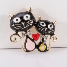 Vintage Style Black Cat Kitten Brooch Enamel Crystal Pin Gold Cute Animal Jewelr