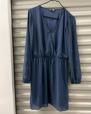 Express   Blouson Dress Womens M Navy Blue Long Sleeve Faux Wrap Sheer Smocked