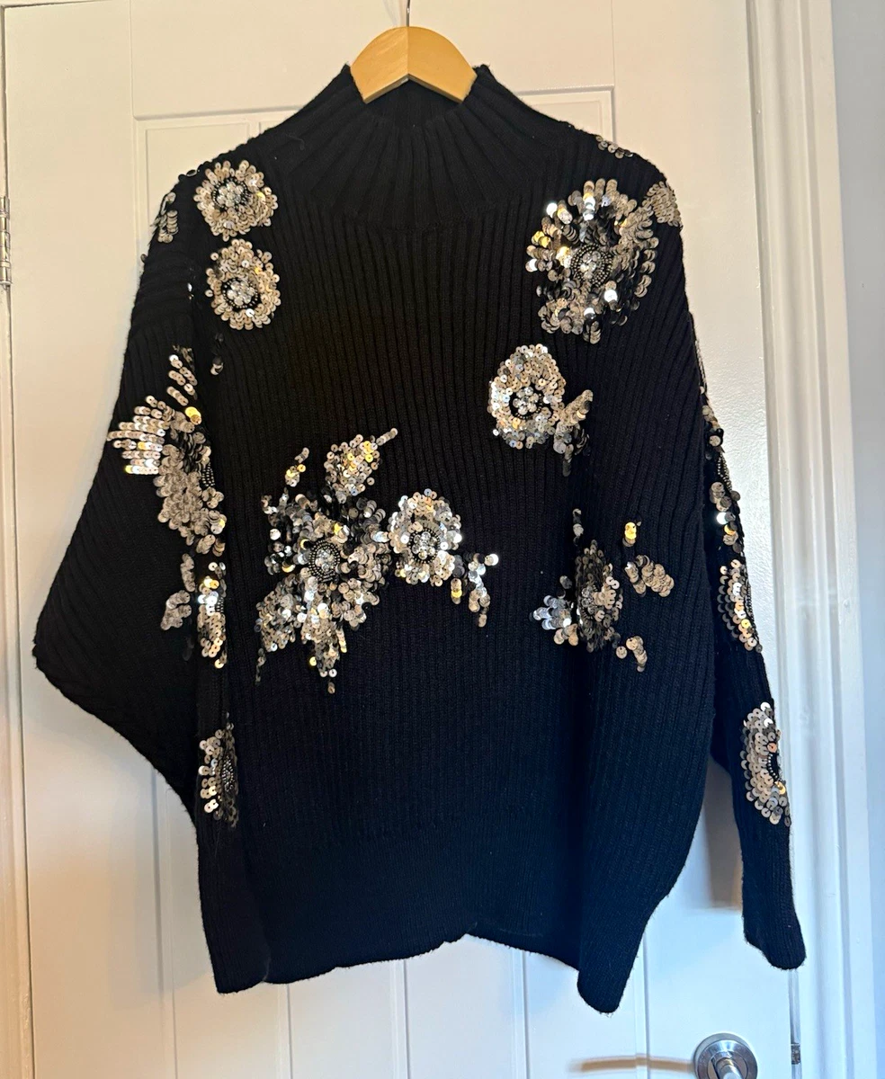 ZARA Black Rib-Knit High Neck Floral Sequin Oversized Jumper Long Sleeve M