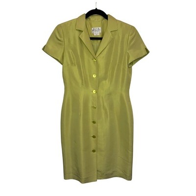 David Warren Petites Chartreuse Lemon Lime Green 100% Silk Mini Dress 90s | 4P