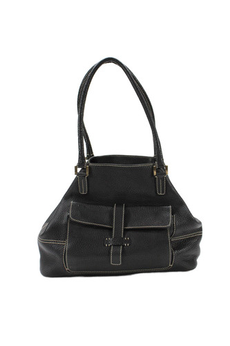 Loro Piana Womens Globe Pebbled Leather Gold Tone Shoulder Handbag Black