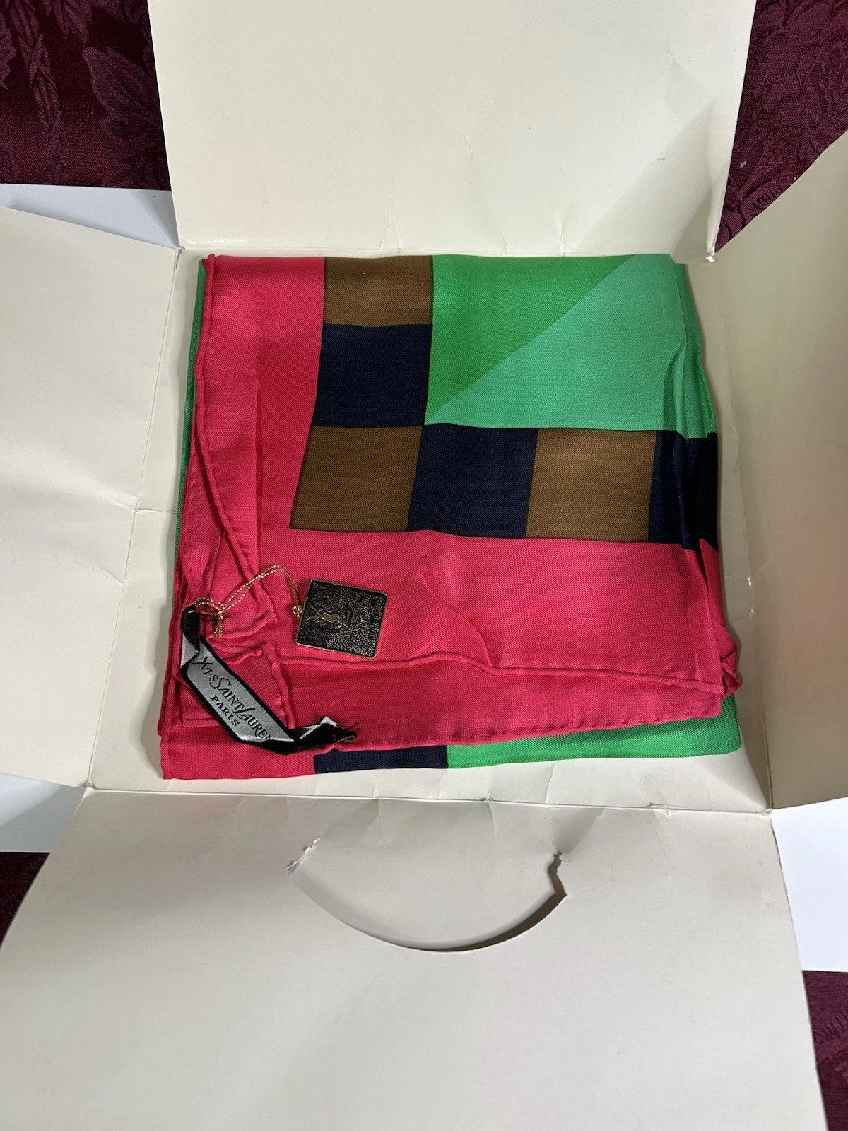 Saint Laurent — VTG YVES SAINT LAURENT YSL 100% Silk Scarf Pink Green Mod Geometric Pattern NEW