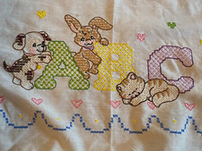Vintage Hand Embroidery Cross Stitch White Crib Sheet. ABC's 33"x44" Dog Cat