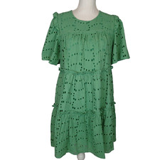 Tuckernuck Hyacinth House Mollie in Green Eyelet Cotton Tiered Mini Dress S
