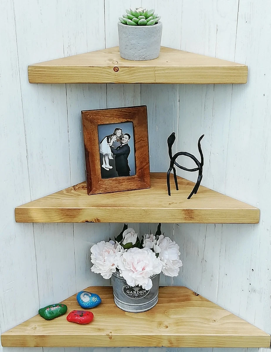 CHUNKY RUSTIC WOODEN SOLID WOOD FLOATING CORNER SHELF 3 LARGER SIZES /10  COLOURS