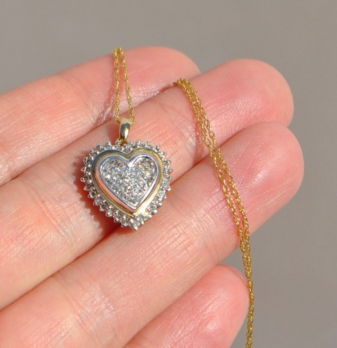 Natürlicher Diamant 10k 14k massives Gold Herz Halskette Anhänger Prinzessin Pave Cluster - Bild 2 von 10