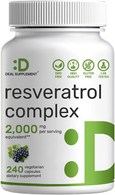 Resveratrol Complex 2,000Mg, 240 Veggie Capsules   Extra Strength Trans-Resverat