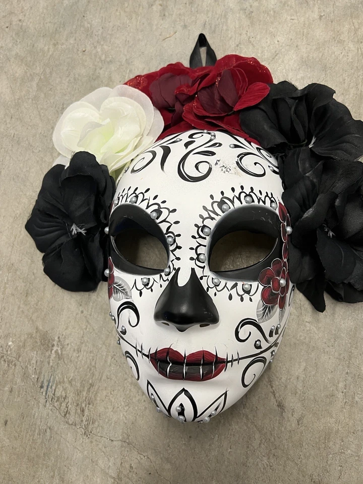 Day of the Dead Dia de los Muertos Full Face Masquerade Mask flowers costume - Image 2 of 4
