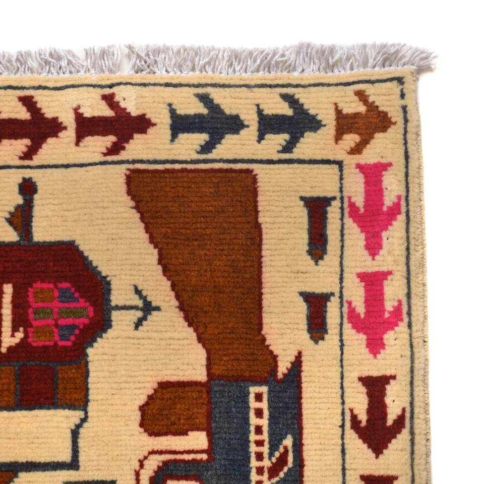 Oriental 9/11 War Design Handmade Wall Hanging Beige Rug 2'9"x3'11"ft Rug G29156 - Image 3 of 4