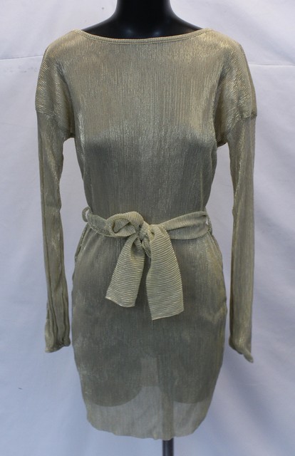 gold plisse balloon sleeve sheer shift dress