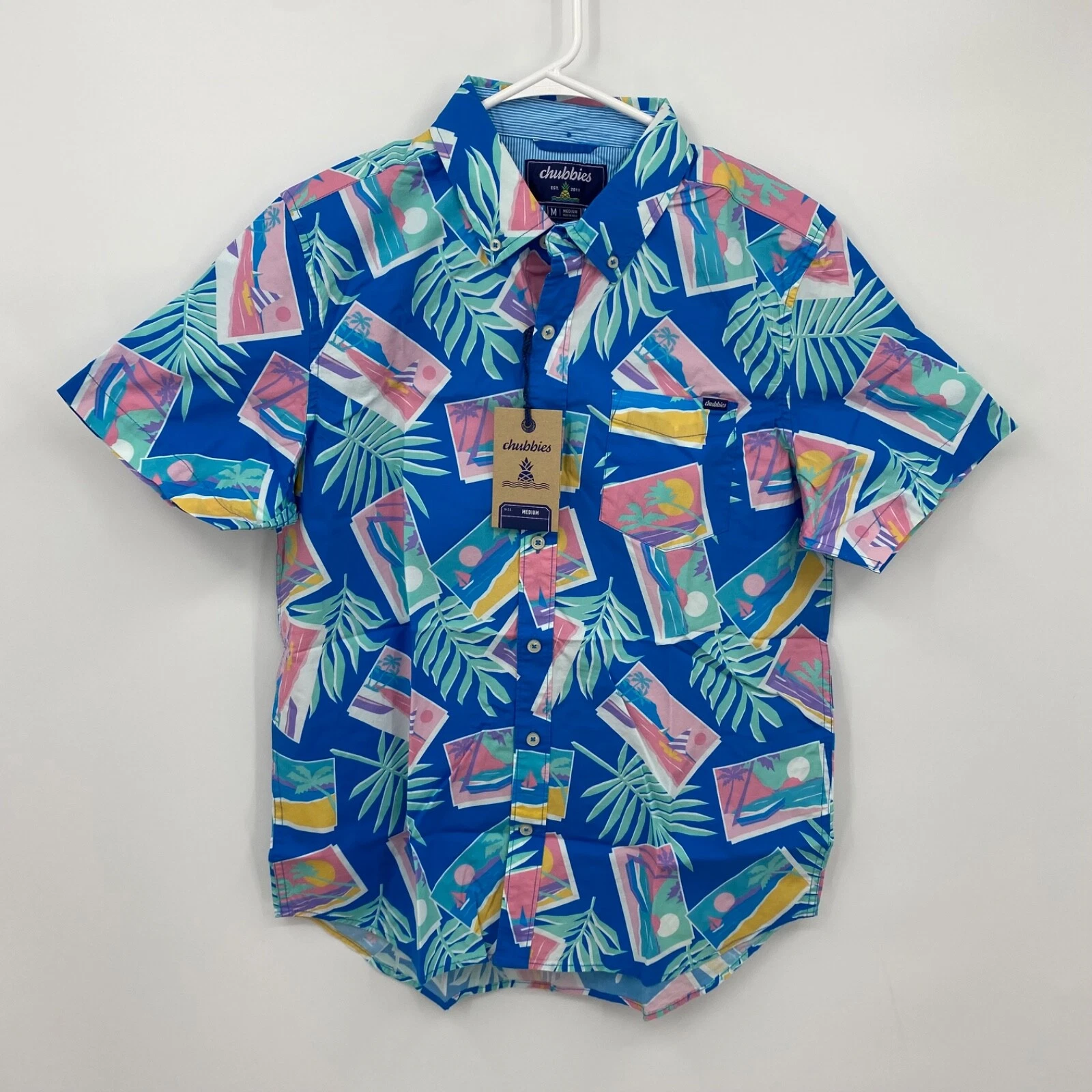 Chubbies Shirt Button Up Short Sleeve Pocket Lightweight Floral Blue Size M Mens