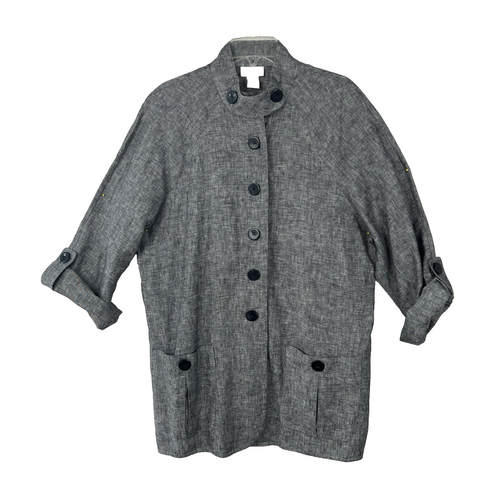 NEIMAN MARCUS Gray 100% Linen Roll Tab Sleeve Button Front Jacket Plus Size 1X - Picture 3 of 10