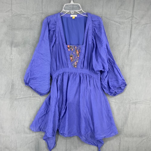 Anthropologie Leifsdottir Dress Womens 2 Blue 100% Silk Long Sleeve Beaded