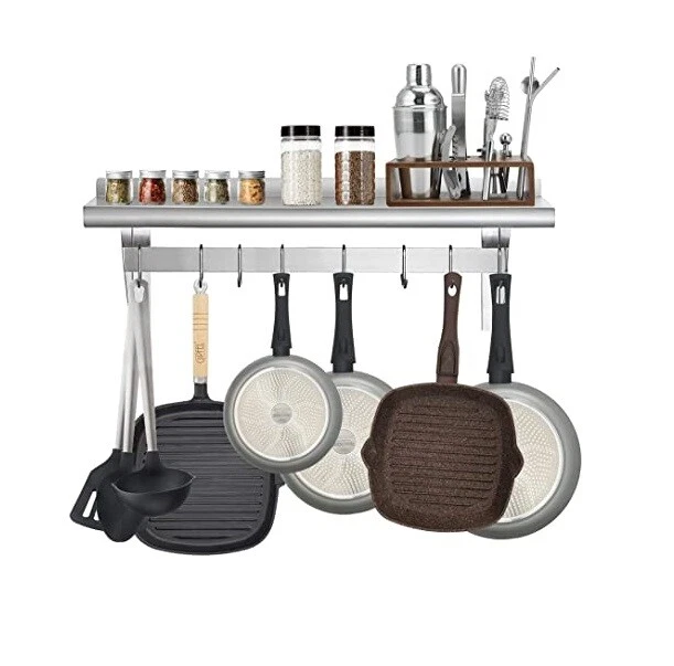 Estante para ollas de acero inoxidable montado en la pared con estante y 18 ganchos Foto 3 de 4