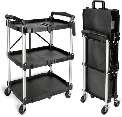 POCHAR Heavy Duty 3-Tier Rolling Utility Cart, Foldable Service Cart with Silent Wheels