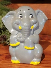 Vintage ELEPHANT Piggy Bank Grey & Yellow Ceramic orig. rubber plug JSNY Taiwan