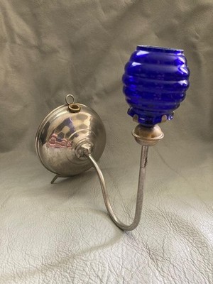 Antique LITTLE BEAUTY Wall or Table Oil Lamp, Cobalt Blue Beehive Shade