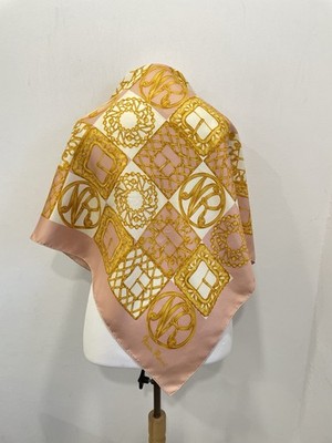 Y# Nina Ricci 100% Silk Scarf Pink Gold Monogram Chain Print Vintage France