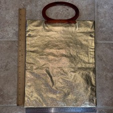 Vintage 1960s Gold Metallic Lucite Handle Clutch Tote Mod Retro Handbag Large