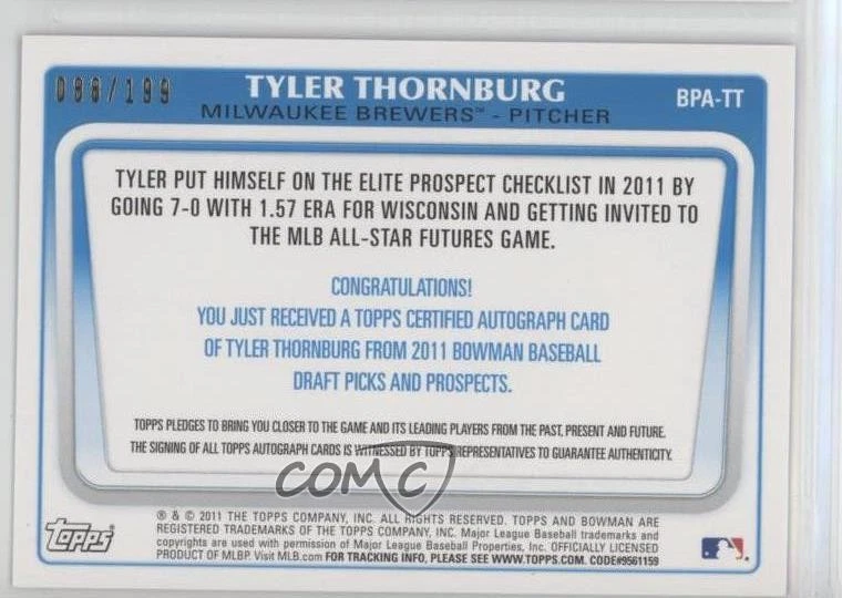 2011 Bowman Draft Retail Prospects Auto Blue /199 Tyler Thornburg #BPA-TT Auto - Image 2 of 2
