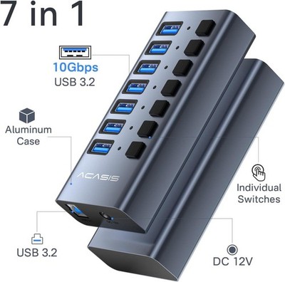 Acasis 10Gbps USB 3.2 Hub 7 Port Ein/Aus Schalter mit Netzteil für Laptop