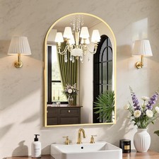 Gold Arched Wall Mounted Bathroom Metal Frame Vanity Mirror w/Shatterproof Glass