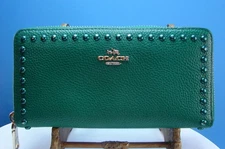 Coach Forest Green  Studs Coin Card Bill Zip Around Accordion Wallet READ