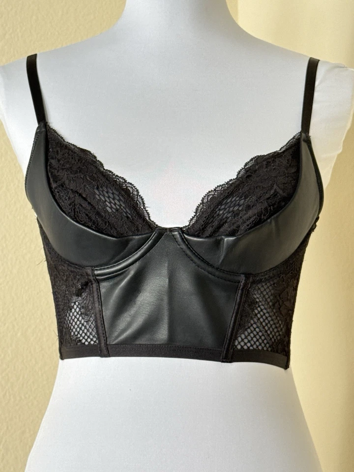 Sujetador corsé push-up de red de cuero sintético muy sexy Victoria's Secret nuevo con etiquetas 32B Foto 2 de 4