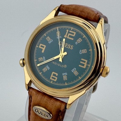 Vintage Guess Quartz Watch Unisex Gold Tone Green Leather Japan Movt New Battery