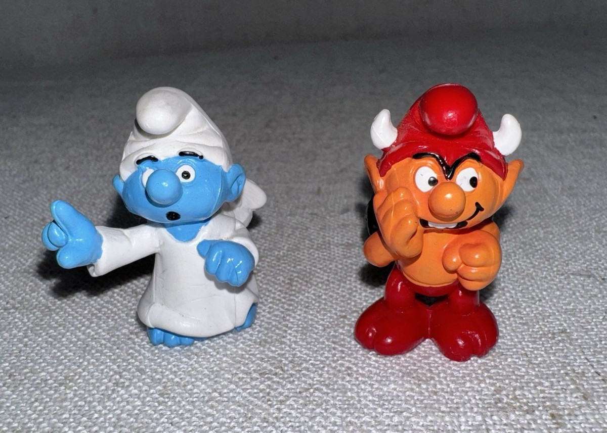 Vtg Lot of 2 Smurfs 80's PVC Orange Devil vs Angel Rare Peyo