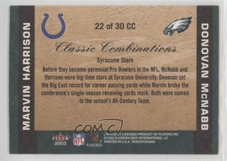 2003 Fleer Tradition Classic Combinations Red Donovan McNabb Marvin Harrison HOF - Image 2 of 2