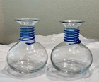 Blenko 8318 Don Shepherd Vintage Art Glass Vase Orb with Blue Swirl Rings