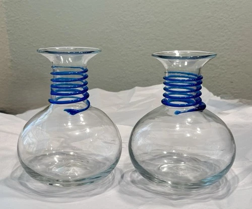 Blenko 8318 Don Shepherd Vintage Art Glass Vase Orb with Blue Swirl Rings