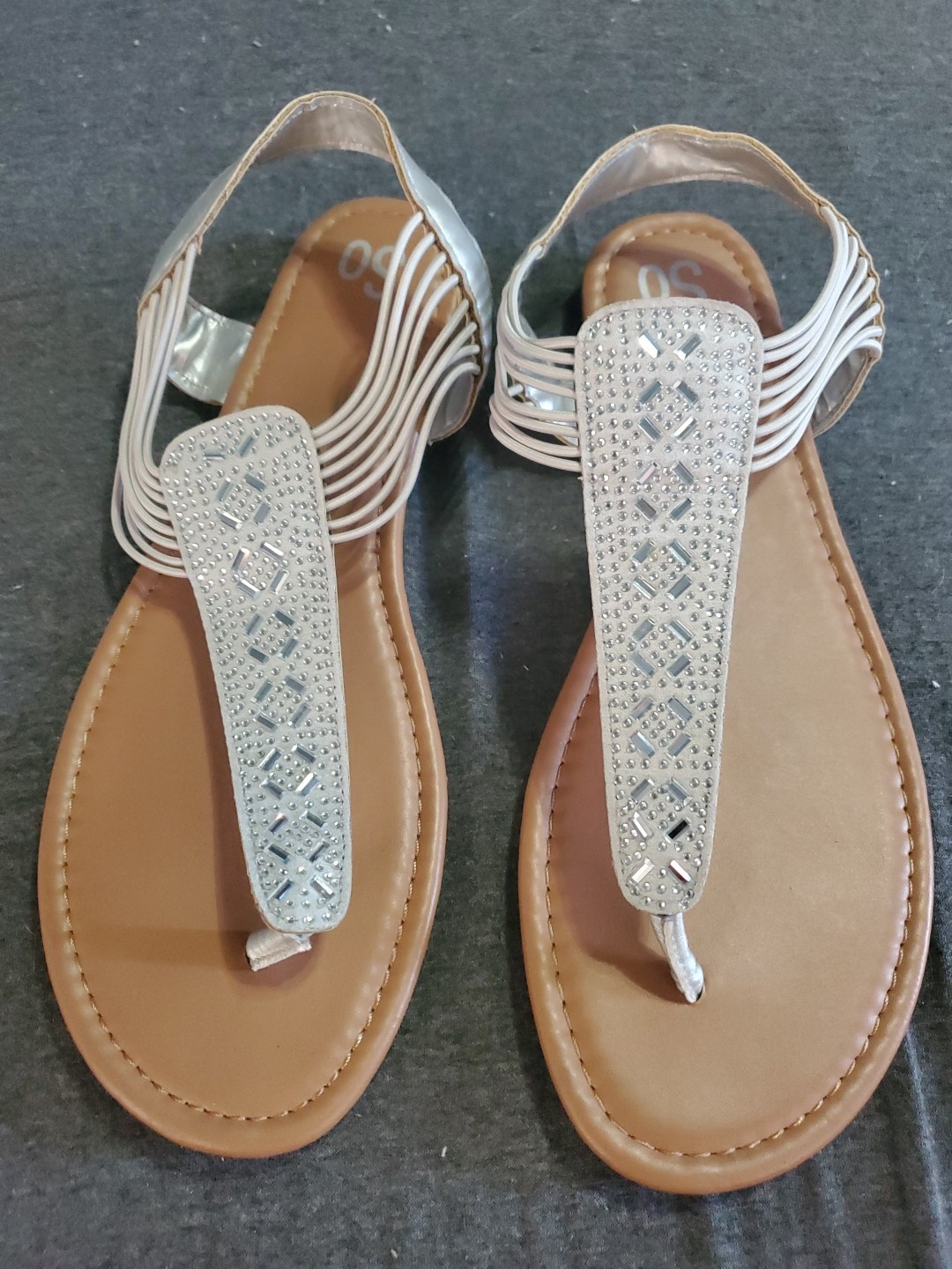 So Silver Strappy Sandal Large Women Size 9.5 Summer Bling Flats