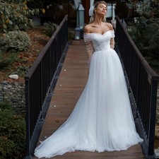 A Simple White Tulle Line Wedding Dresses With Detachable Wrap Off The Shoulder