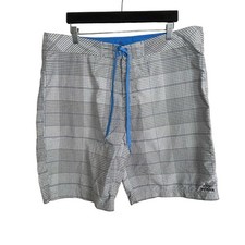 Prana Men's UPF 50 Board Shorts Gray Blue White Plaid Size 38 Swim Surf