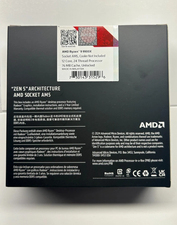 AMD Ryzen 9 9900X Desktop Processor 12-Core, 24-Thread 100-000000662WOF - Image 2 of 3