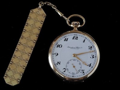 ca 1930 IWC Solid 14k Yellow Gold Pocket Watch w/Gold Fob