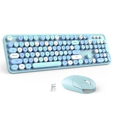 Wireless Keyboard and Mouse Combo - Sky Blue Full-Sized Colorful Keyboard 104...