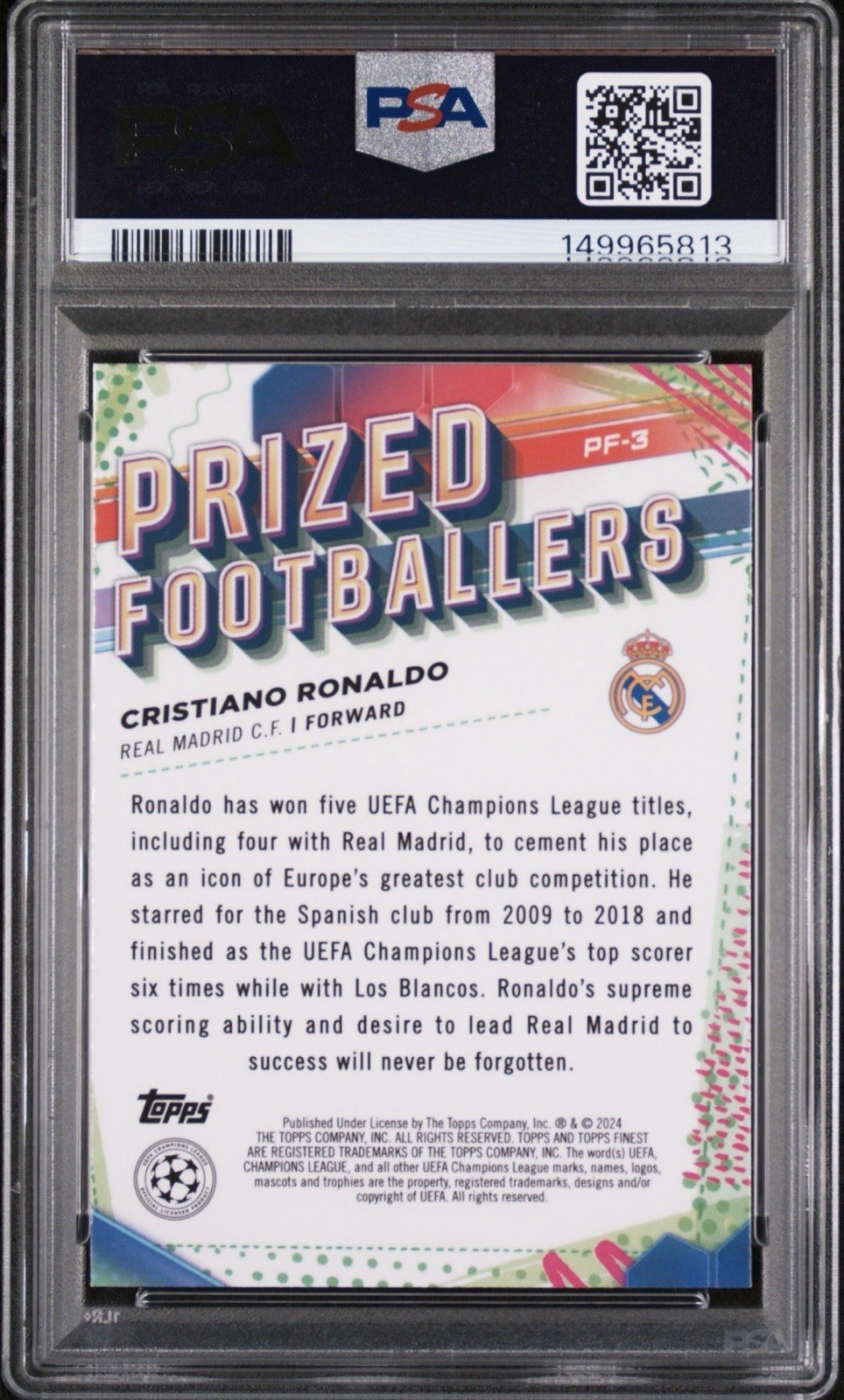 2023-24 Topps Finest UEFA Cristiano Ronaldo Prized Footballers #PF-3 PSA 10 view 2