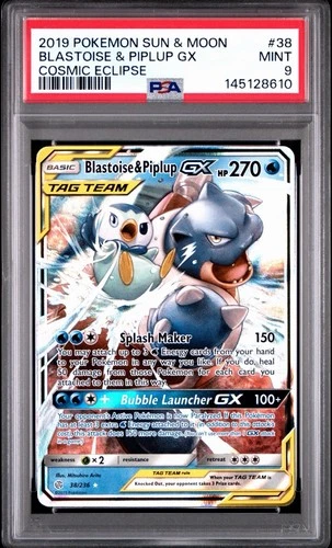 Pokémon Blastoise & Piplup GX Cosmic Eclipse Holo 38/236 PSA 9