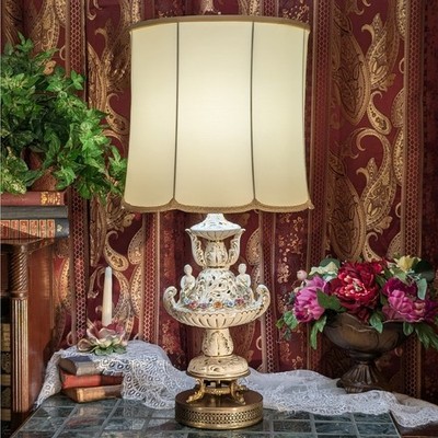 31''H Vintage Capodimonte Style Floral Porcelain Lamp Putti Cherub 24K Gold Italy