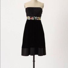 Floreat Anthropologie 2 Black Velvet Embroider Strapless Enchanted Evening Dress