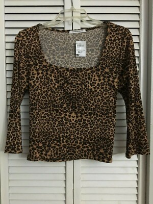 Caution To The Wind 3/4 Sleeve Square Neck Leopard Stretch XL Crop Top Small Fit
