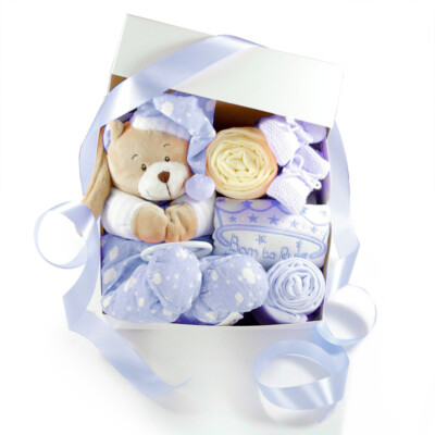 Baby Geschenkbox zur Geburt Babyparty | SPIELUHR TEDDYBÄR blau | 6-teilig