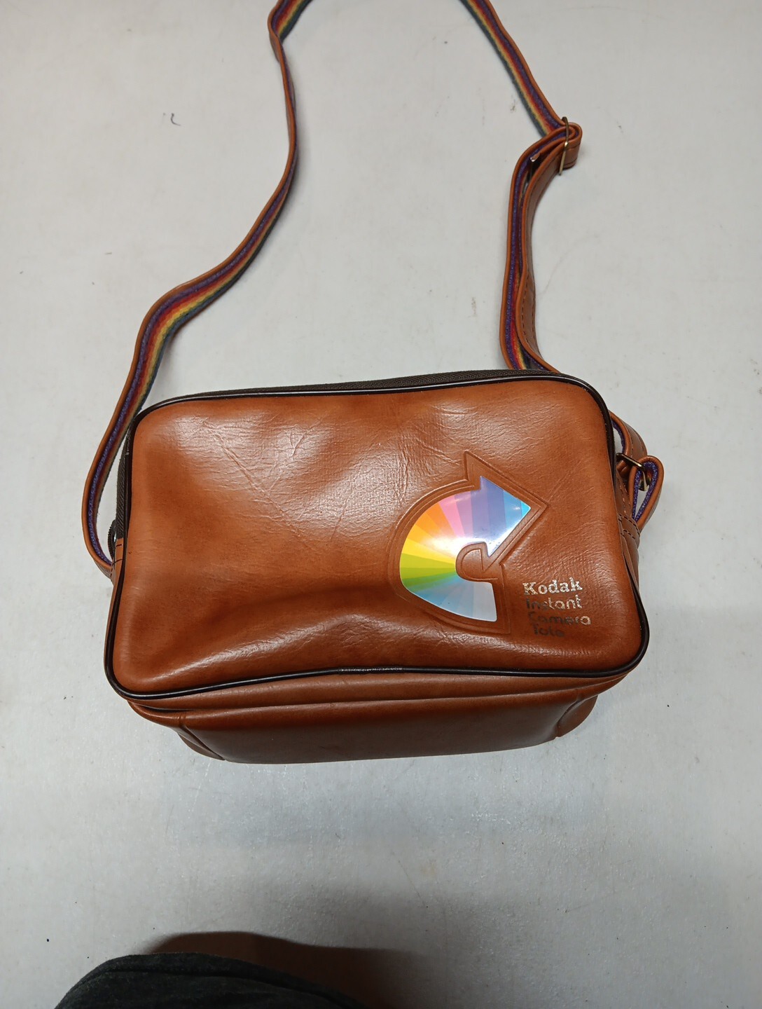 Kodak Instant Camera Tote Brown Leather Rainbow Strap Carrying Case Bag Vintage-image