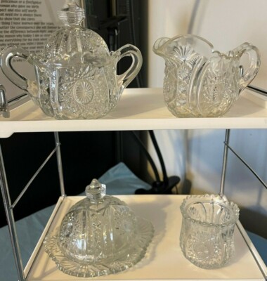 Vintage Sawtooth~Etched~Cut Glass~Crystal SUGAR-CREAMER-CHEESE DISH-JAM JAR -XPO