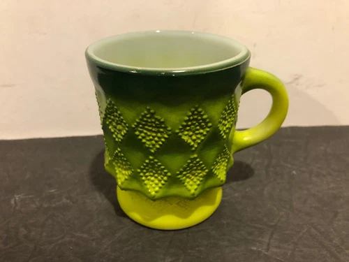 Vintage Fire King Kimberly Coffee Mug Green Yellow Anchor Hocking Diamond